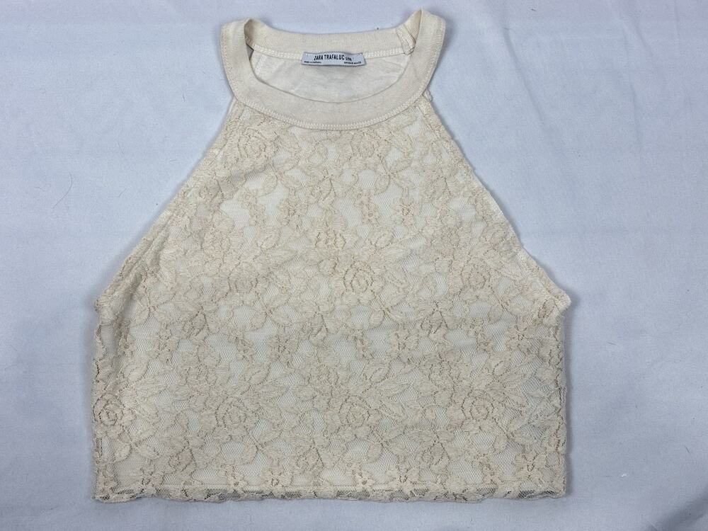 Zara Trafaluc Ivory Lace Halter Crop Top Sleeveless Floral Boho Festival Size M